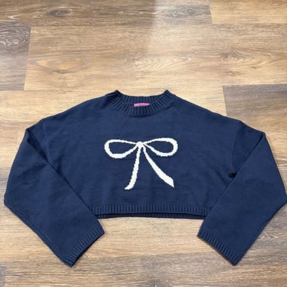 Edikted Navy Blue Bow Graphic Cropped Sweater Size XS/S